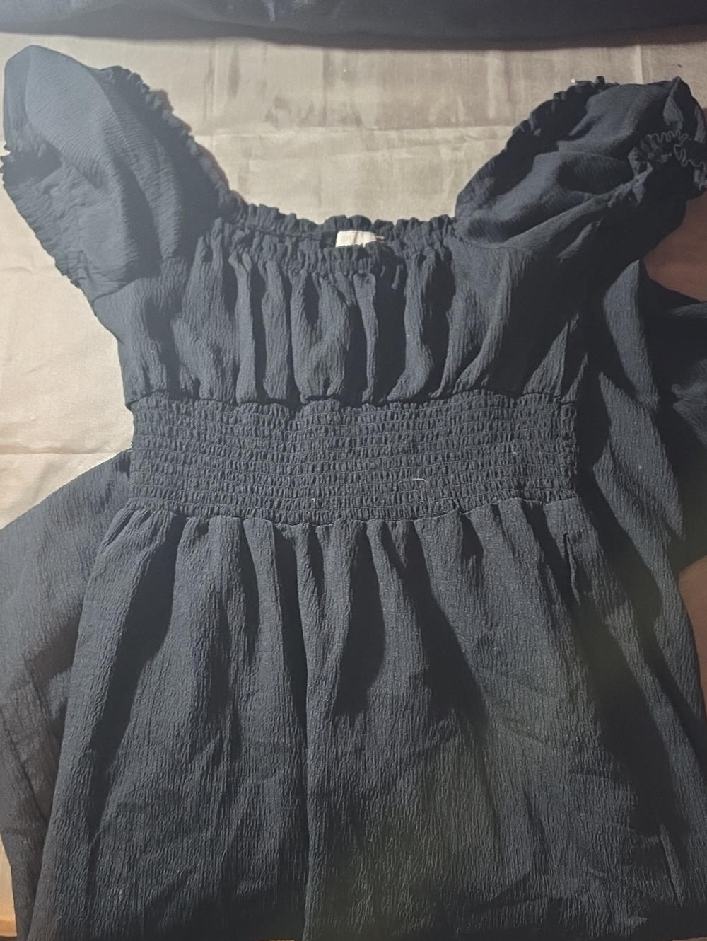 Black Smocked Waist Puff Sleeve Top
